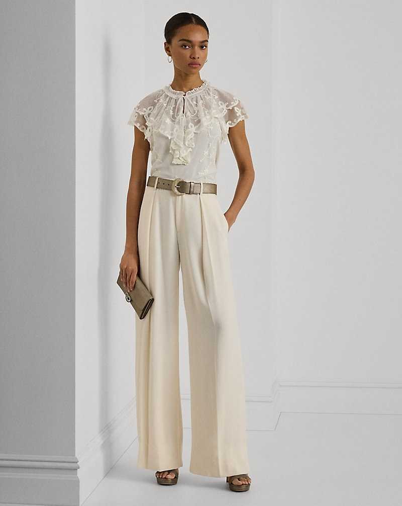 Blusa Ralph Lauren Ruffle-Trim Embroidered Mesh Mujer Blancos | POWJGQS-83 - vista 3