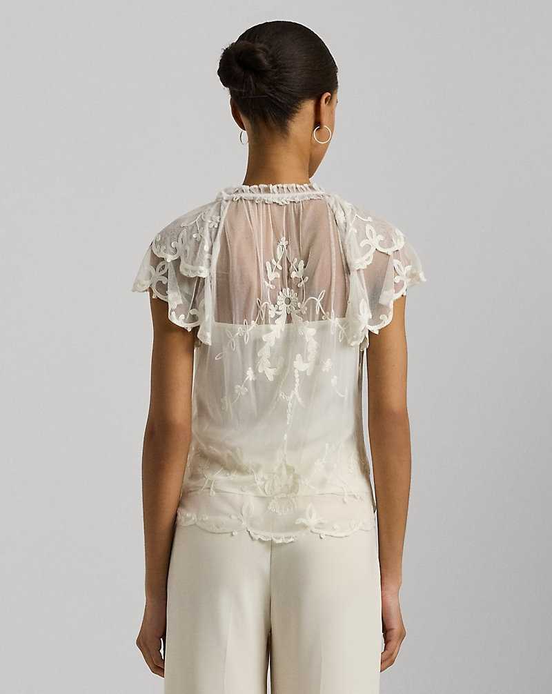Blusa Ralph Lauren Ruffle-Trim Embroidered Mesh Mujer Blancos | POWJGQS-83 - vista 4