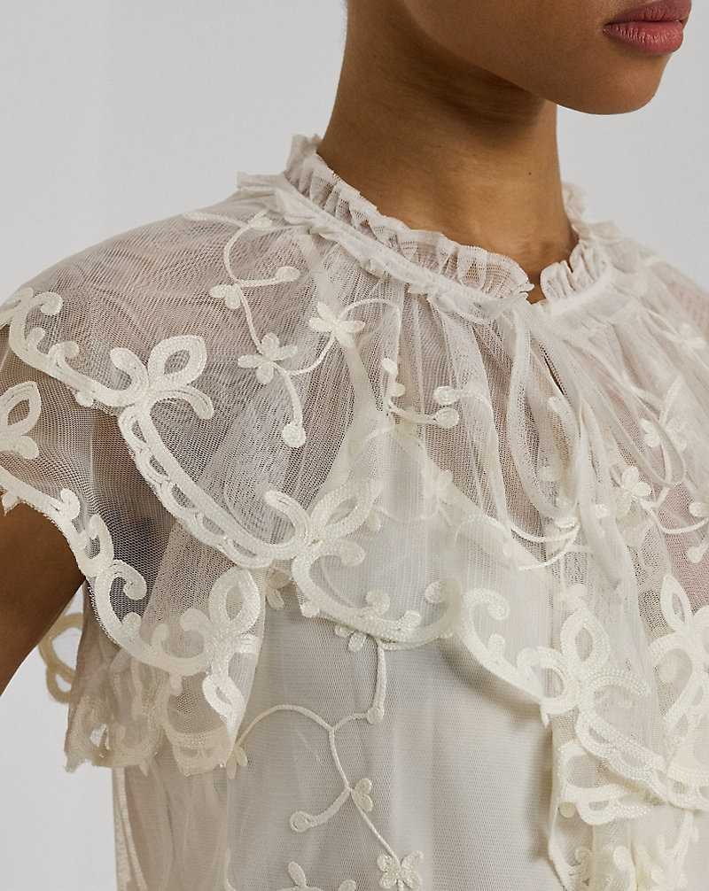 Blusa Ralph Lauren Ruffle-Trim Embroidered Mesh Mujer Blancos | POWJGQS-83 - vista 5
