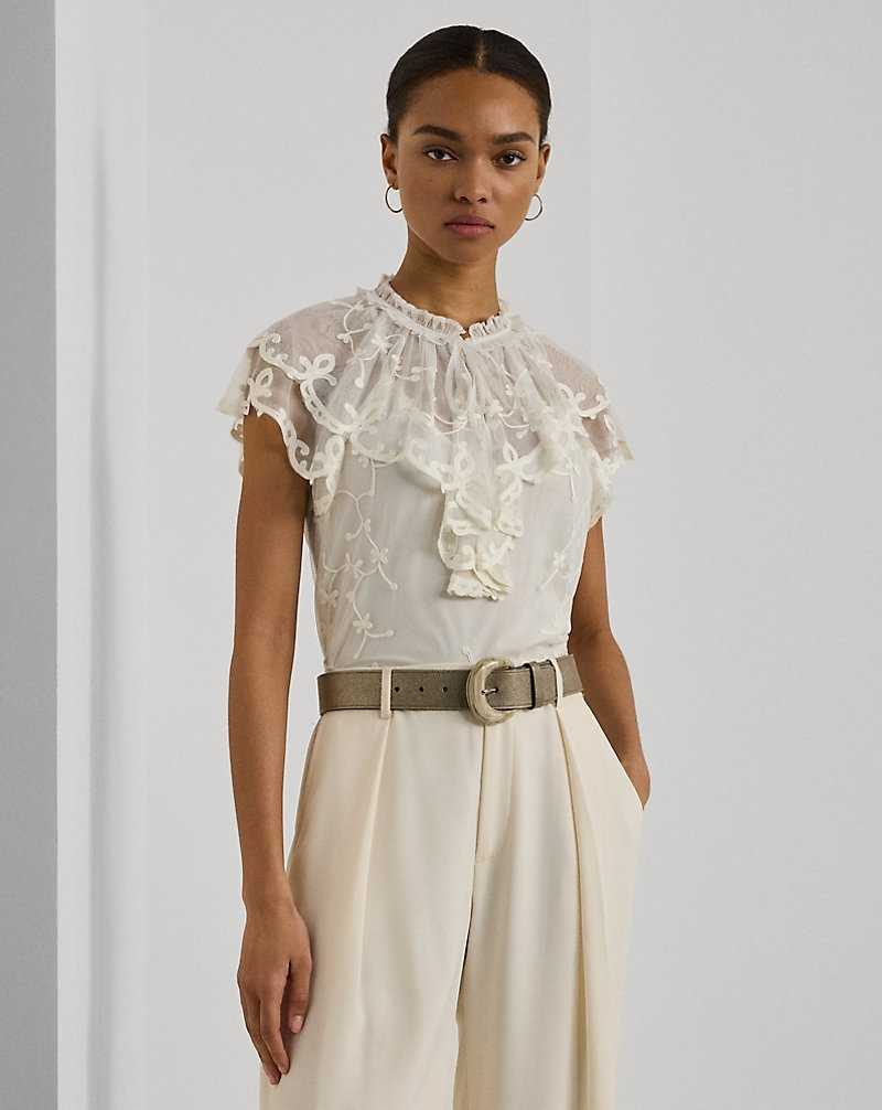 Blusa Ralph Lauren Ruffle-Trim Embroidered Mesh Mujer Blancos | POWJGQS-83 - vista 1