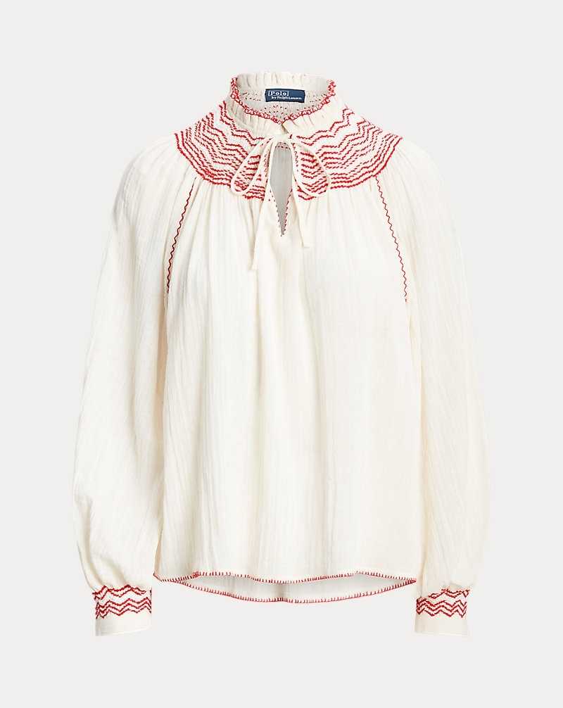 Blusa Ralph Lauren Tie-Neck Cotton-Linen Gauze Mujer Blancos | FMDNQZO-30 - vista 2