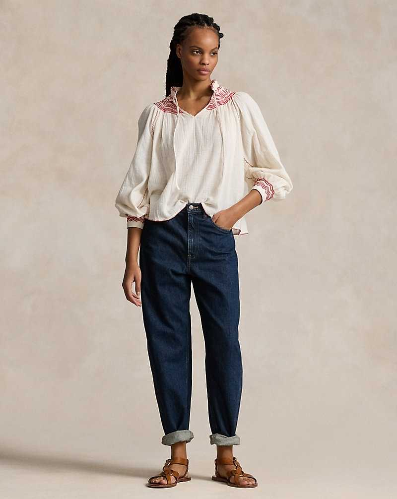Blusa Ralph Lauren Tie-Neck Cotton-Linen Gauze Mujer Blancos | FMDNQZO-30 - vista 3