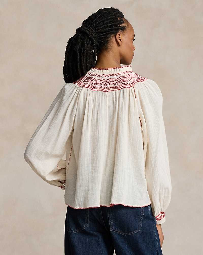 Blusa Ralph Lauren Tie-Neck Cotton-Linen Gauze Mujer Blancos | FMDNQZO-30 - vista 4