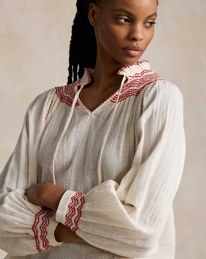 Blusa Ralph Lauren Tie-Neck Cotton-Linen Gauze Mujer Blancos | FMDNQZO-30 - vista 5