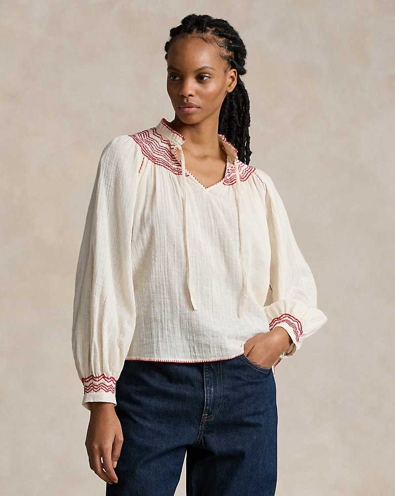 Blusa Ralph Lauren Tie-Neck Cotton-Linen Gauze Mujer Blancos | FMDNQZO-30 - vista 1