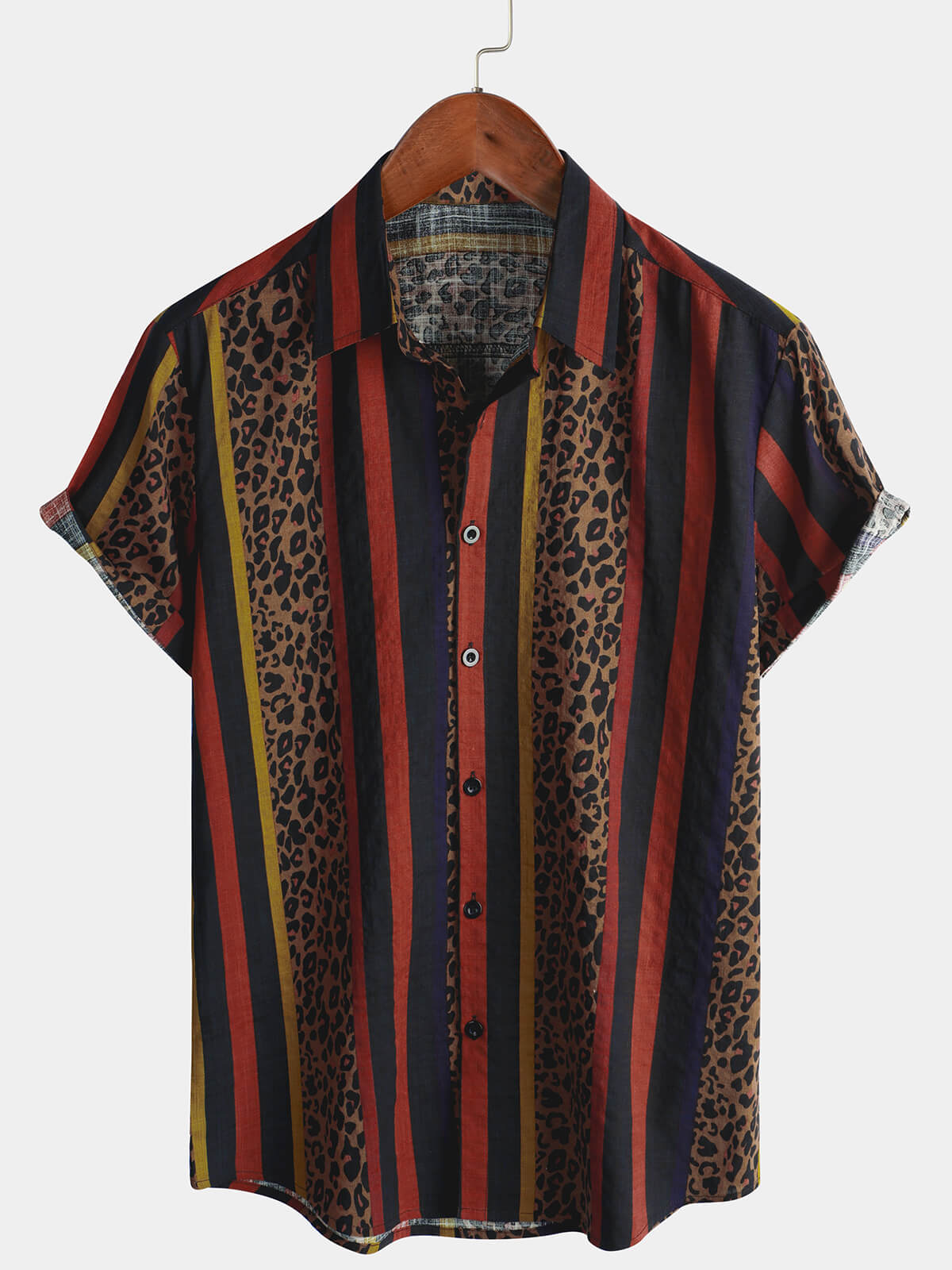 Camisa Leopard vintage Vertical a rayas Cool Summer Vacation de manga corta Button Up para hombre
