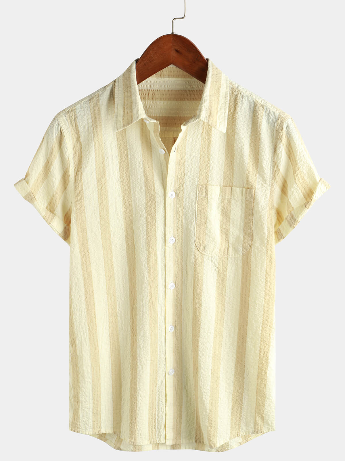 Camisa a rayas de algodón casual Pocket Hawaiian Holiday Button Up de manga corta para hombre