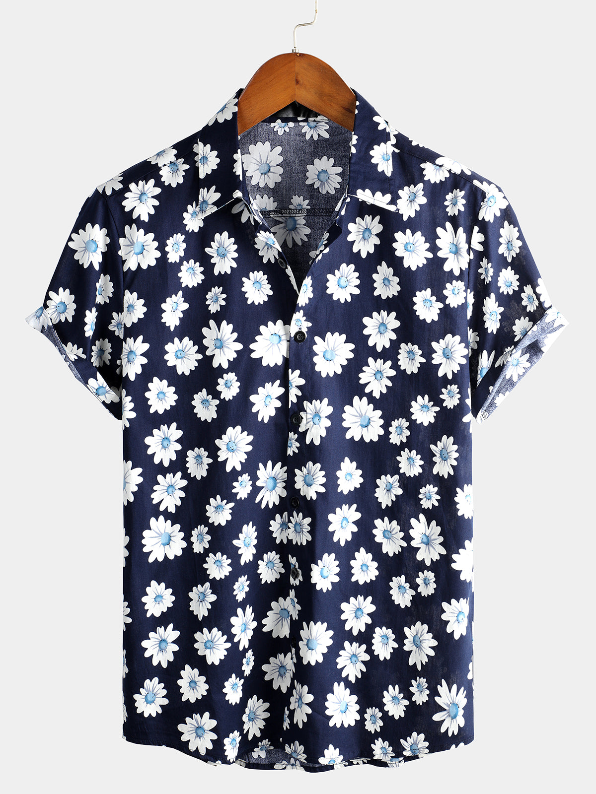 Camisa Navy Blue Daisy Hawaiian de manga corta para hombre