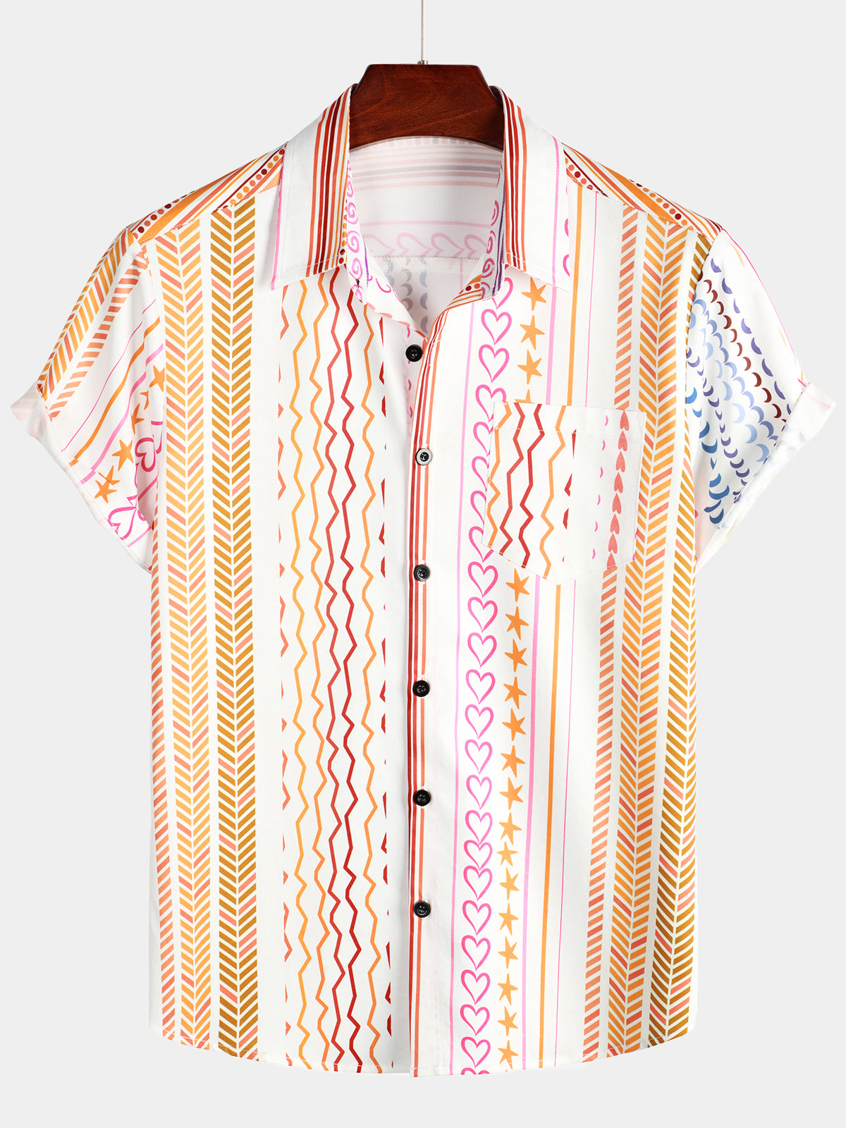 Camisa casual a rayas estampado retro Pocket Button Up Summer de manga corta para hombre