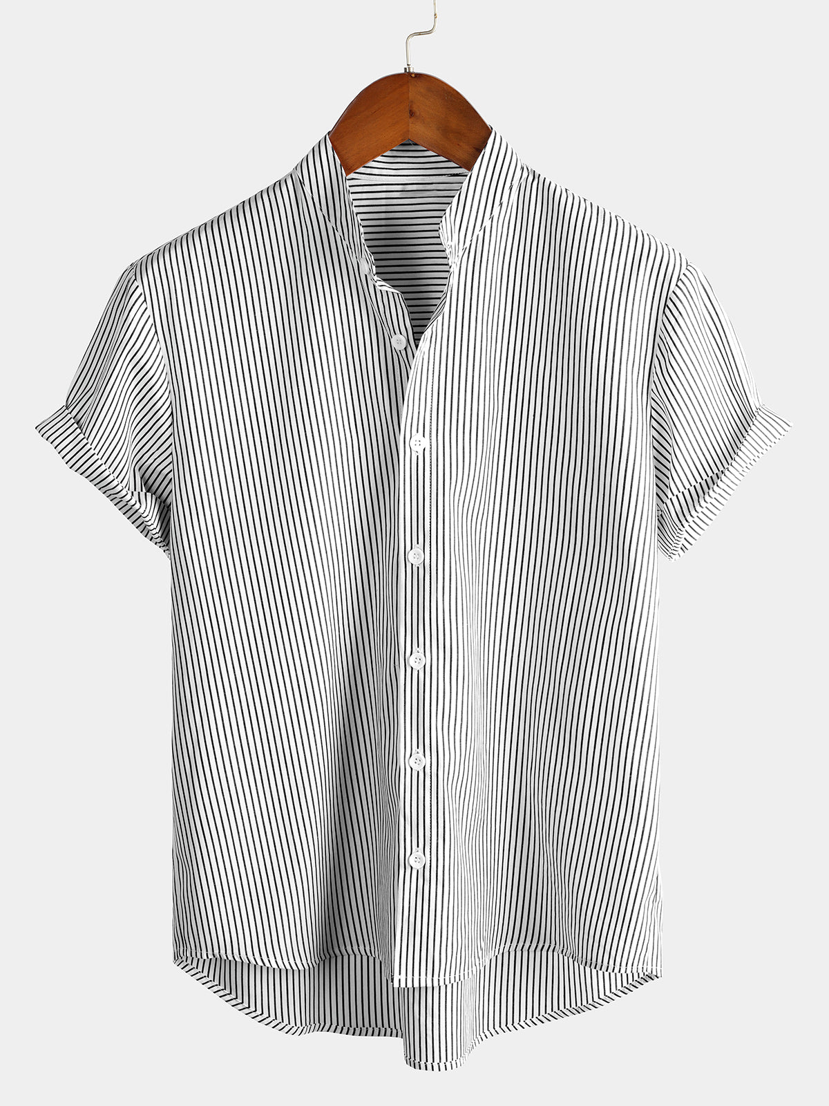 Camisa de algodón a rayas Stand Collar de manga corta para hombre