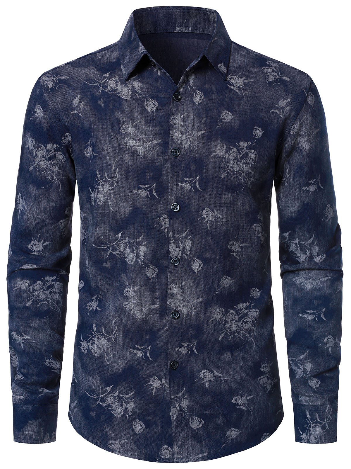 Camisa Blue vintage Art floral de manga larga para hombre