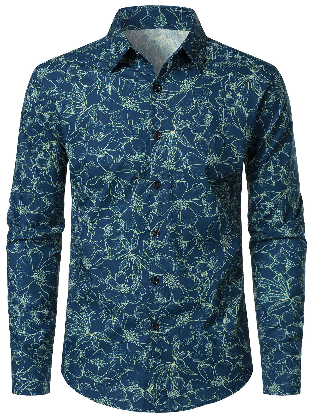 Camisa de algodón floral Blue de manga larga para hombre