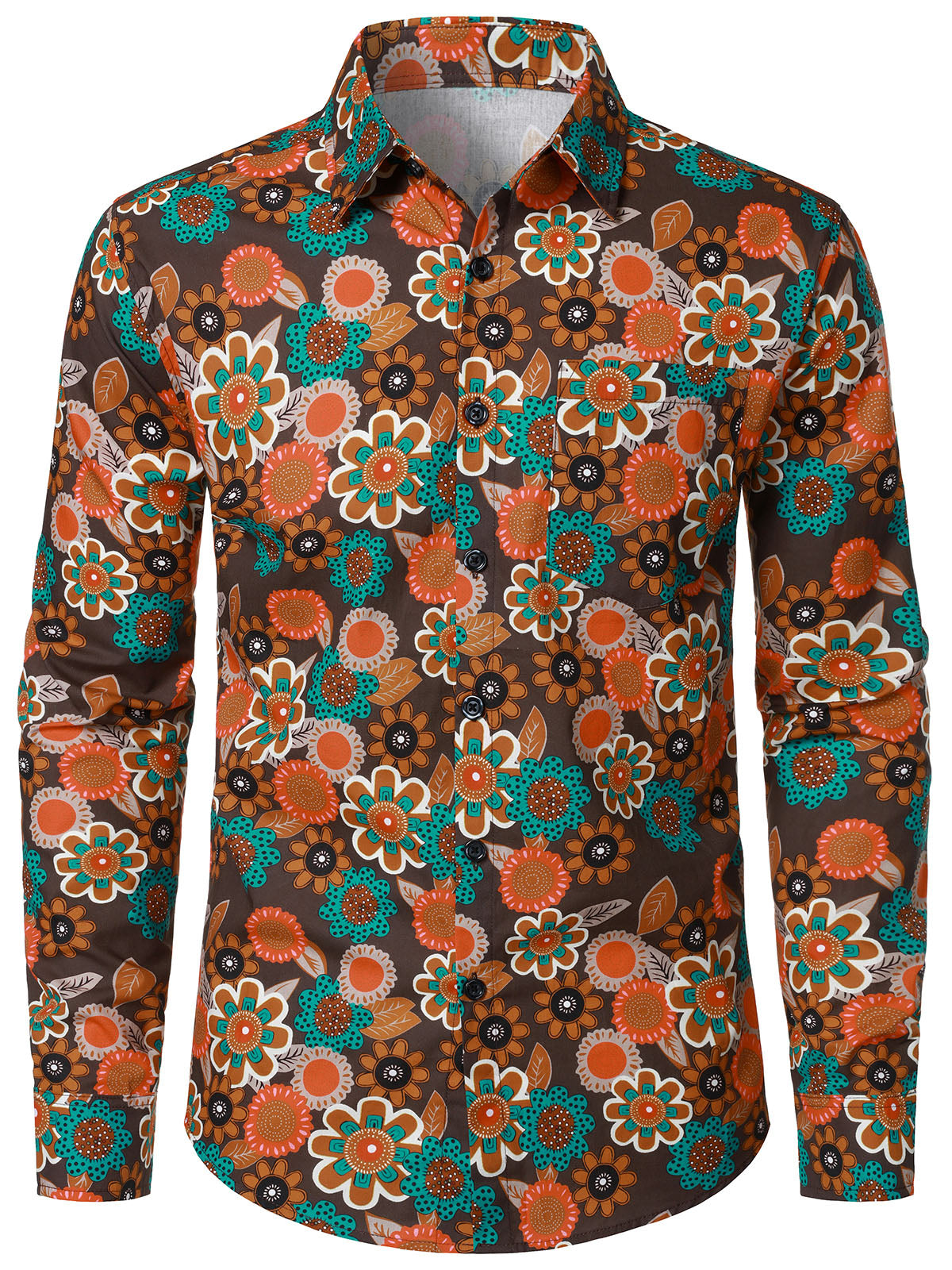 Camisa vintage 70s de algodón floral de manga larga para hombre