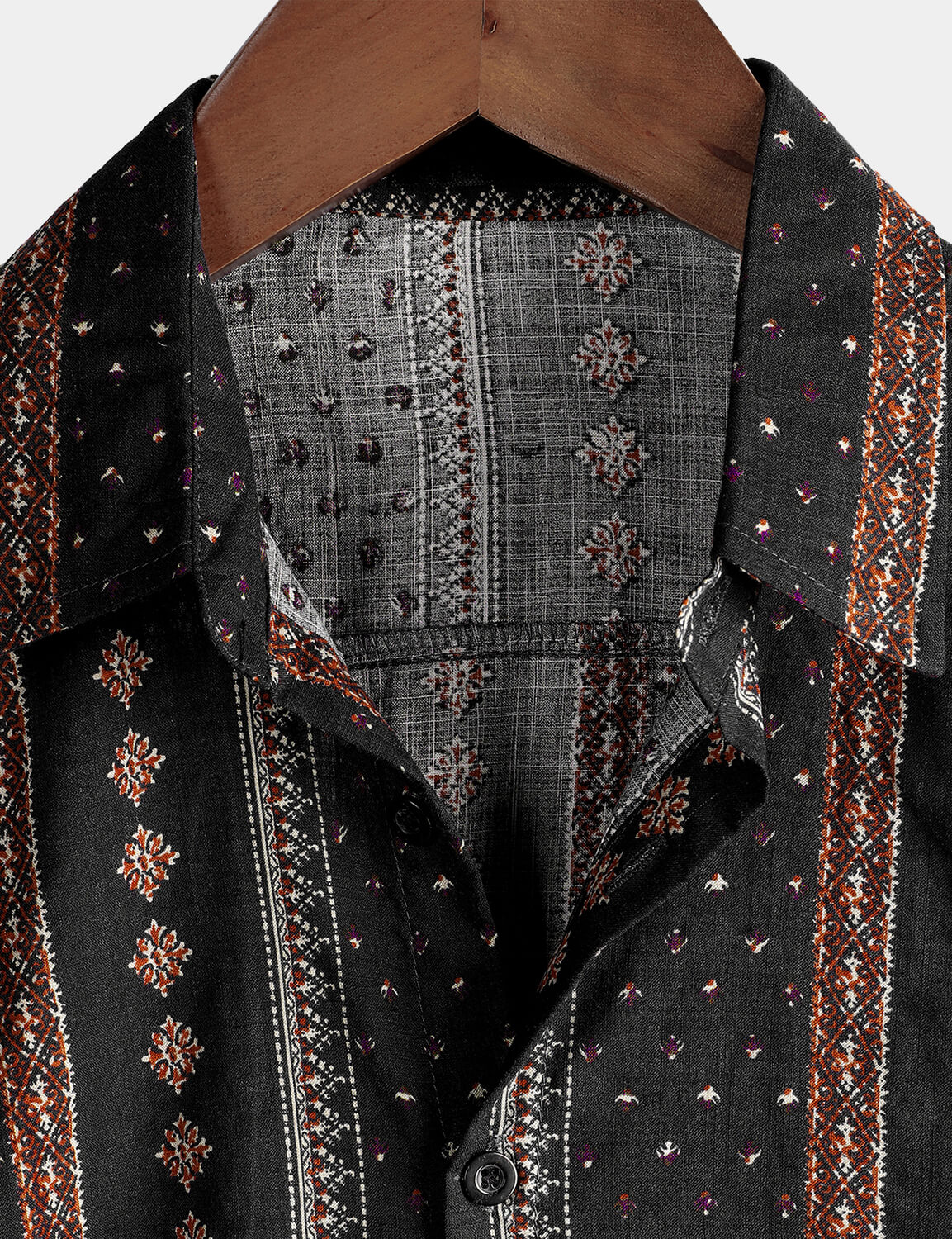 Camisa retro Black a rayas estampado Button Up 70s vintage de manga corta Western para hombre