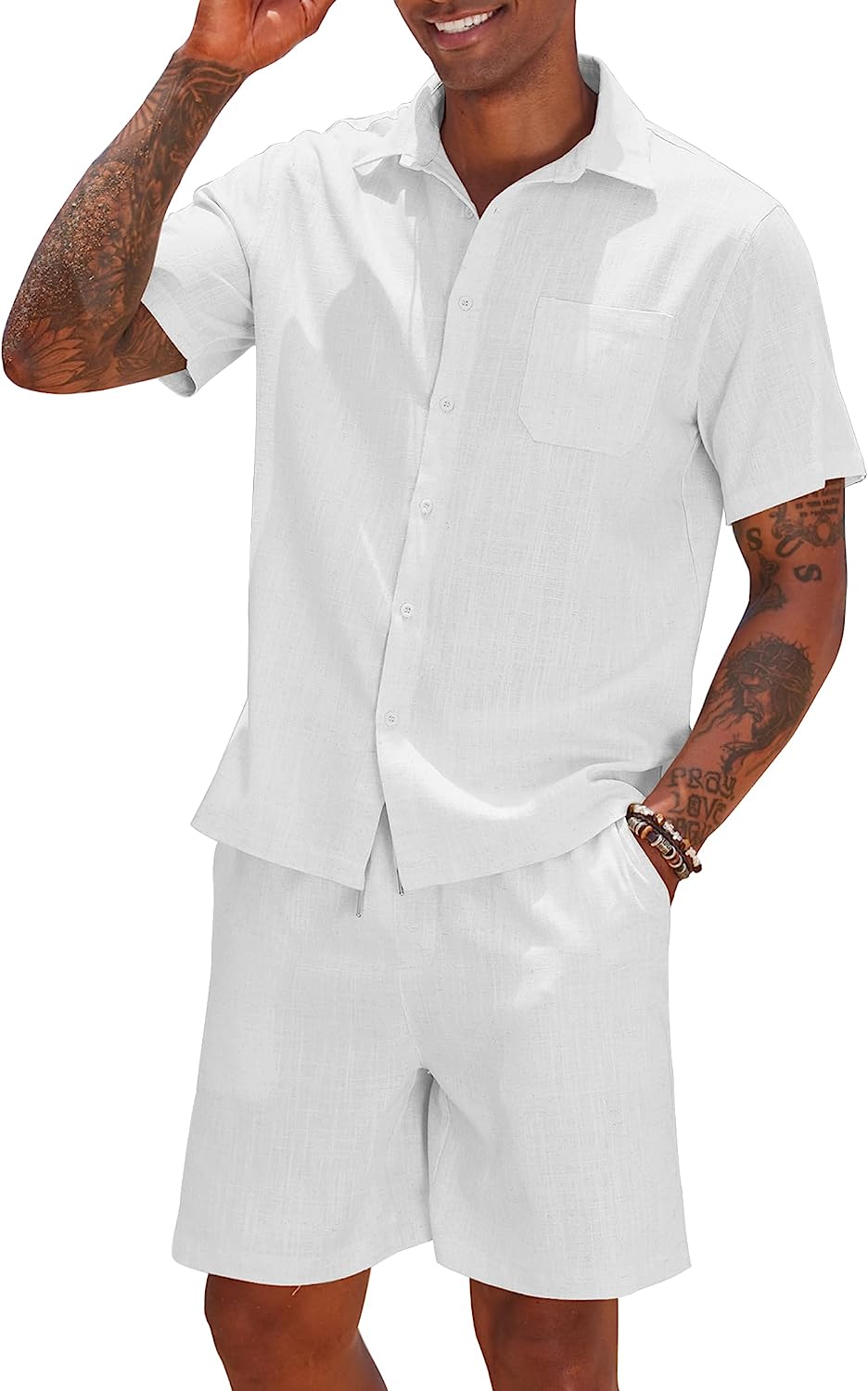 Shorts Khaki de lino Drawstring casual de manga corta Set para hombre