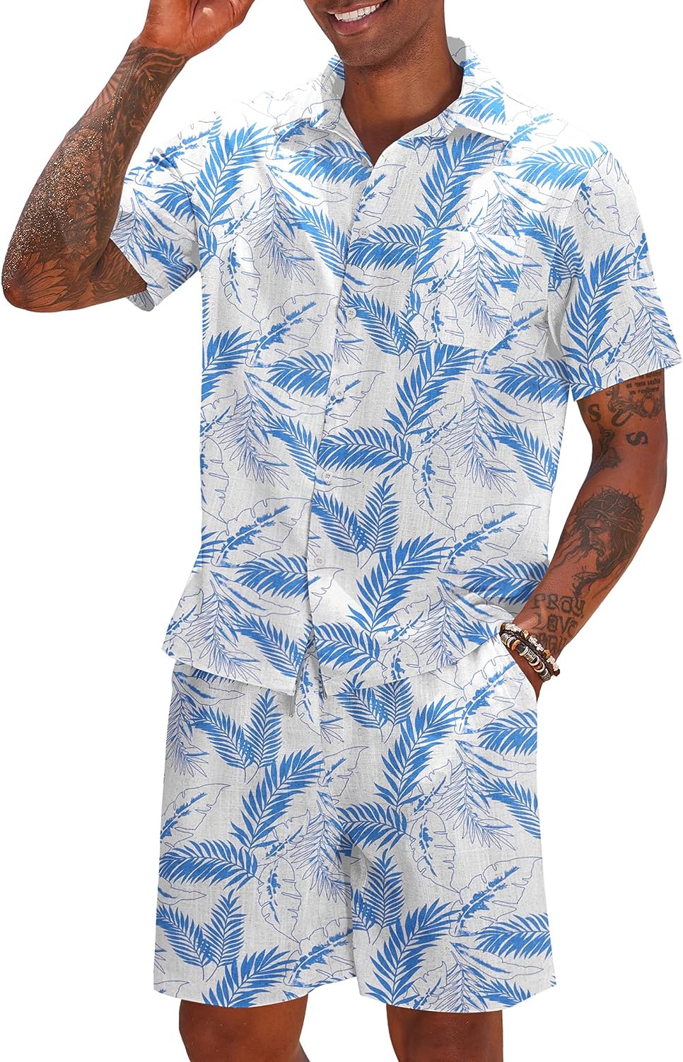 Shorts Khaki de lino Drawstring casual de manga corta Set para hombre