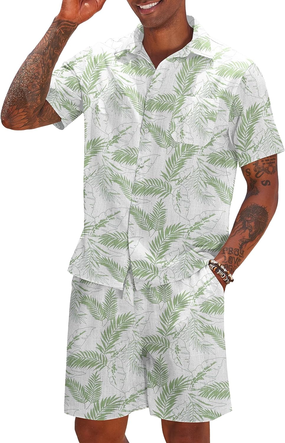 Shorts Khaki de lino Drawstring casual de manga corta Set para hombre