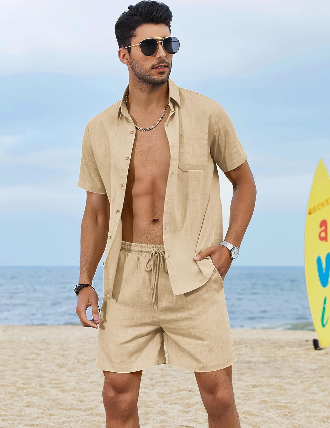 Shorts Khaki de lino Drawstring casual de manga corta Set para hombre