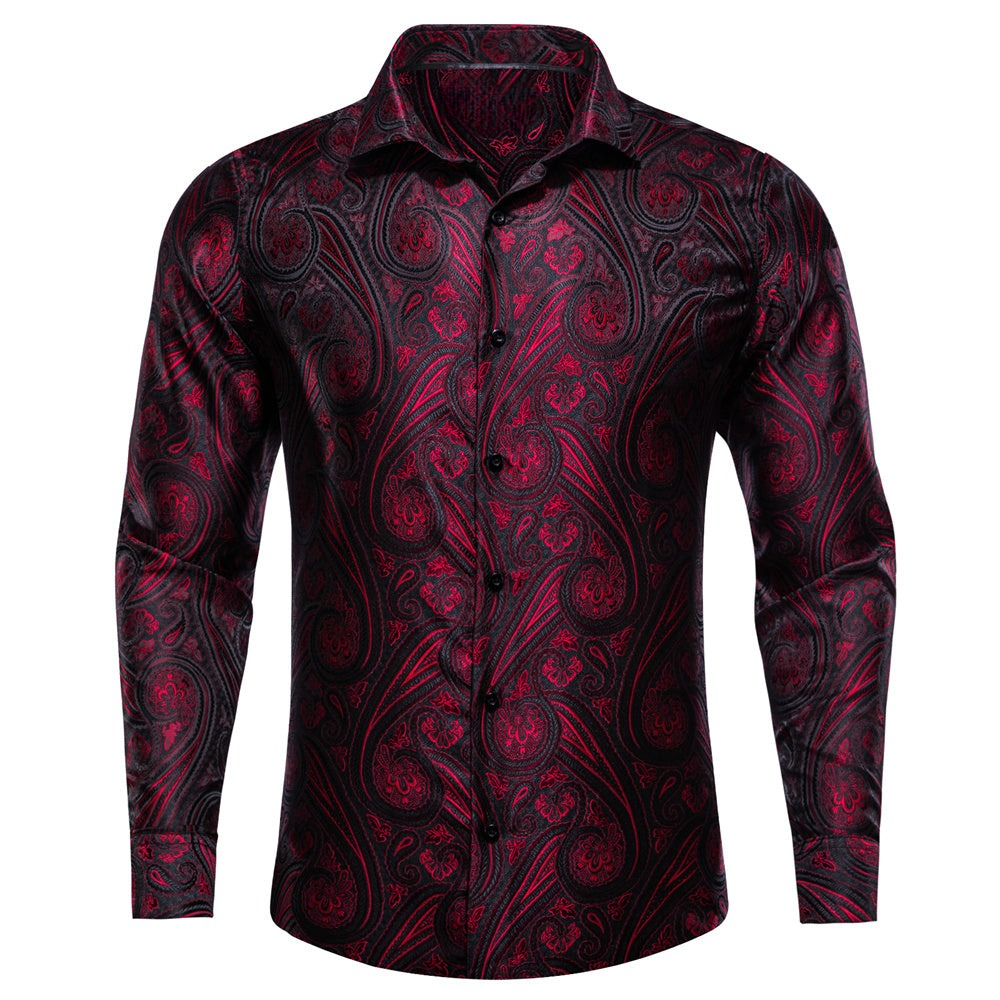 Camisa Mens Western seda Burgundy Paisley de manga larga con botones camisa de chalecoir