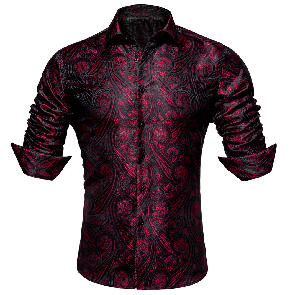 Camisa Mens Western seda Burgundy Paisley de manga larga con botones camisa de chalecoir
