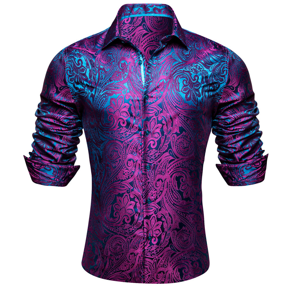 Camisa Mens Purple de chalecoir Paisley camisa con botones de manga larga Tops