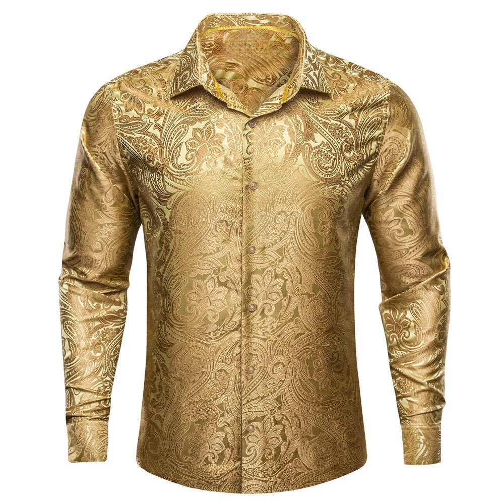 Camisa Mens Gold de chalecoir Paisley seda de manga larga con botones formal camisas