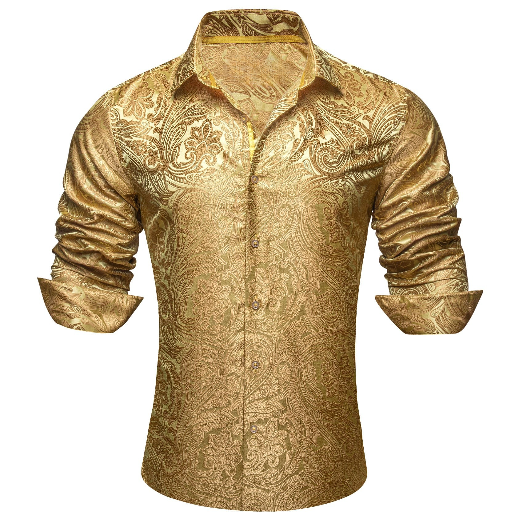 Camisa Mens Gold de chalecoir Paisley seda de manga larga con botones formal camisas