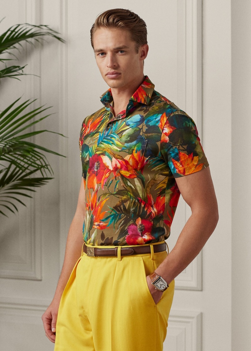 Camisa Polo Custom Slim Floral Jersey Hombre Verde Oliva | QRHX30524 - vista 1