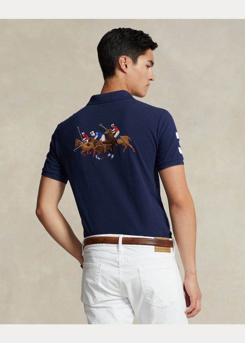 Camisa Polo Custom Slim Triple-Pony Mesh Hombre Azul Marino | AMQS49187 - vista 3