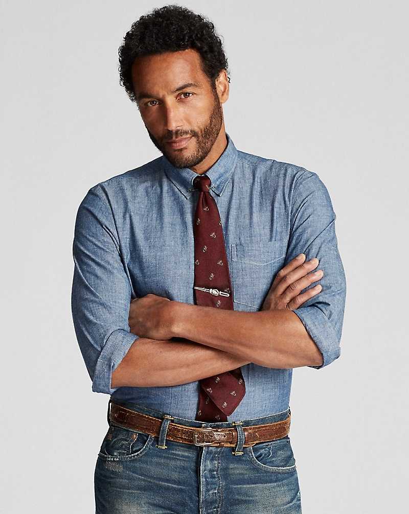 Camisas Formales Ralph Lauren Slim Fit Chambray Hombre Azules | JNOTMCI-86 - vista 3