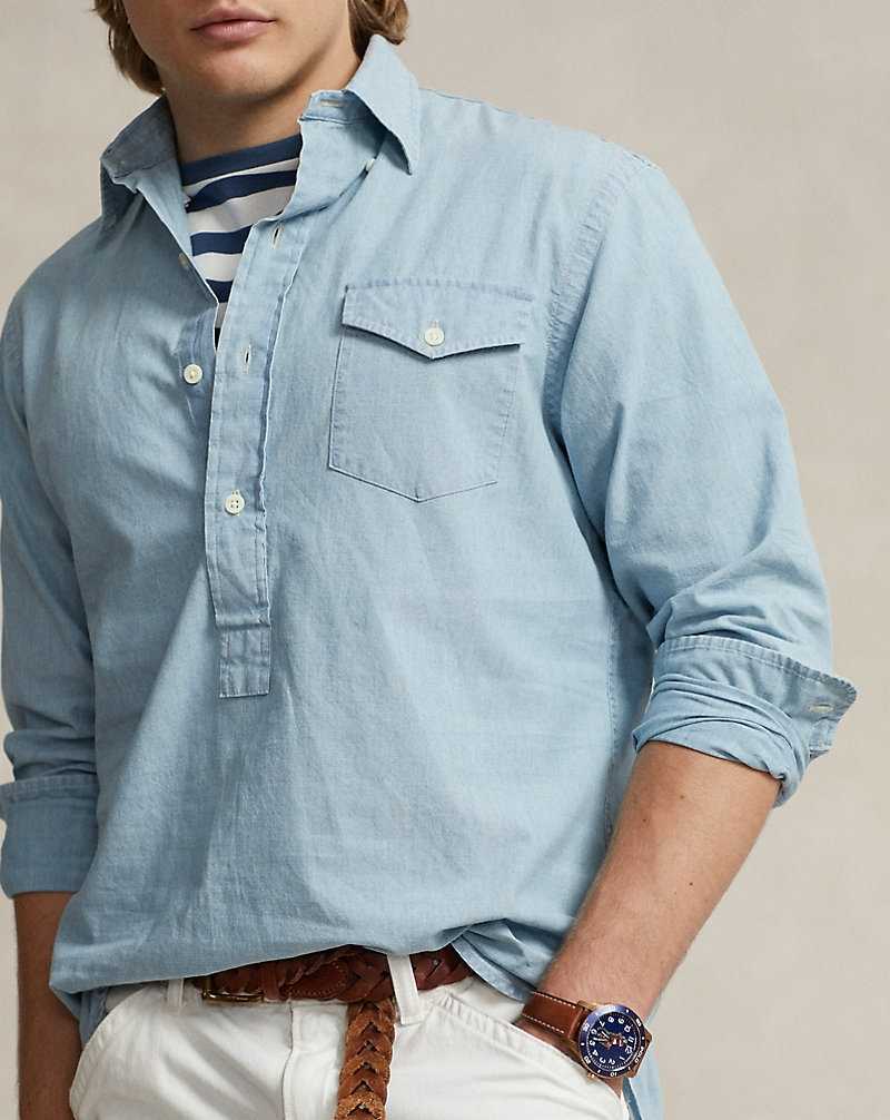 Camisas Ralph Lauren Classic Fit Chambray Popover Hombre Azules Claro | VWHXYMN-83 - vista 5