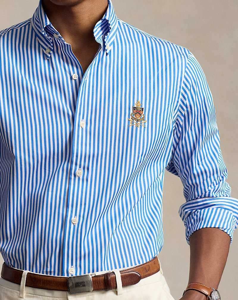 Camisas Ralph Lauren Classic Fit Crest Striped Poplin Hombre White/Blue | RIQJEMP-50 - vista 4