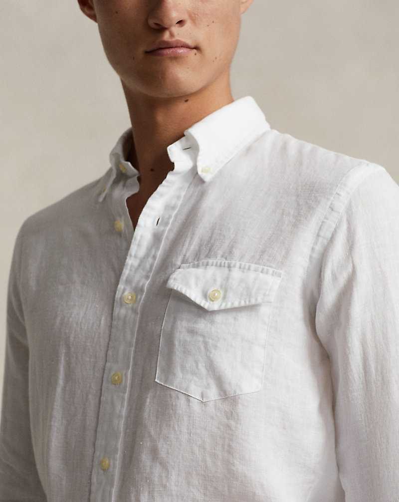 Camisas Ralph Lauren Classic Fit Garment-Dyed Linen Hombre Blancos | KJUHXRF-73 - vista 5