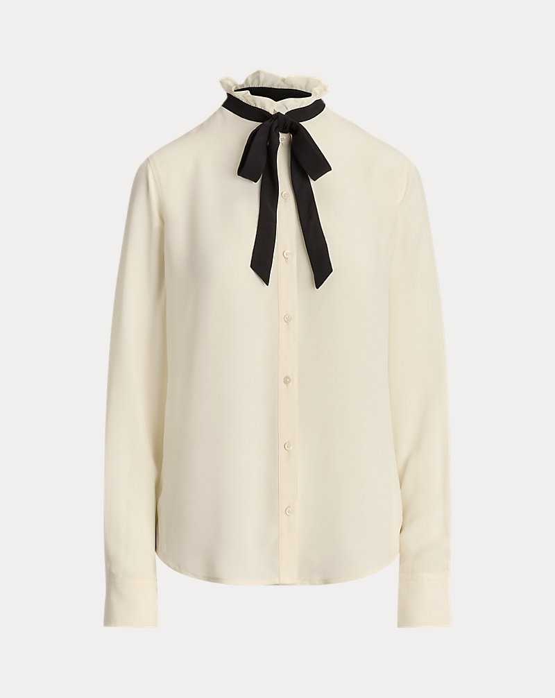 Camisas Ralph Lauren Classic Fit Georgette Tie-Neck Mujer Mascarpone Cream/Black | FOEGKDZ-52 - vista 2