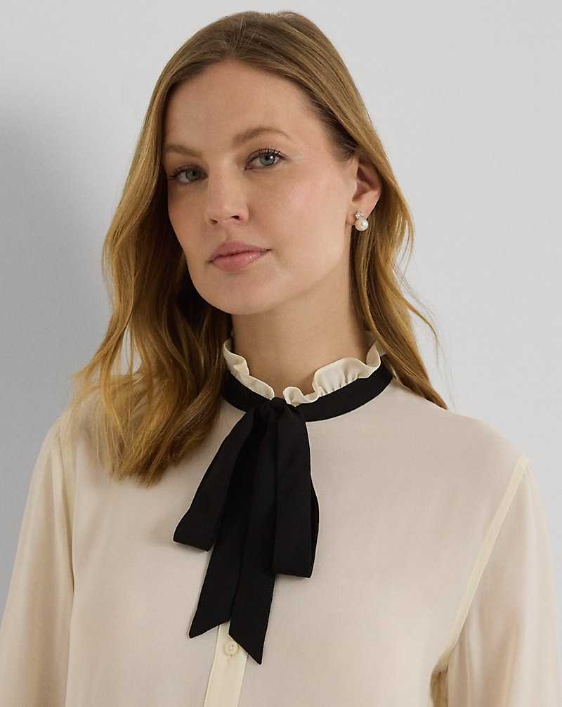 Camisas Ralph Lauren Classic Fit Georgette Tie-Neck Mujer Mascarpone Cream/Black | FOEGKDZ-52 - vista 5