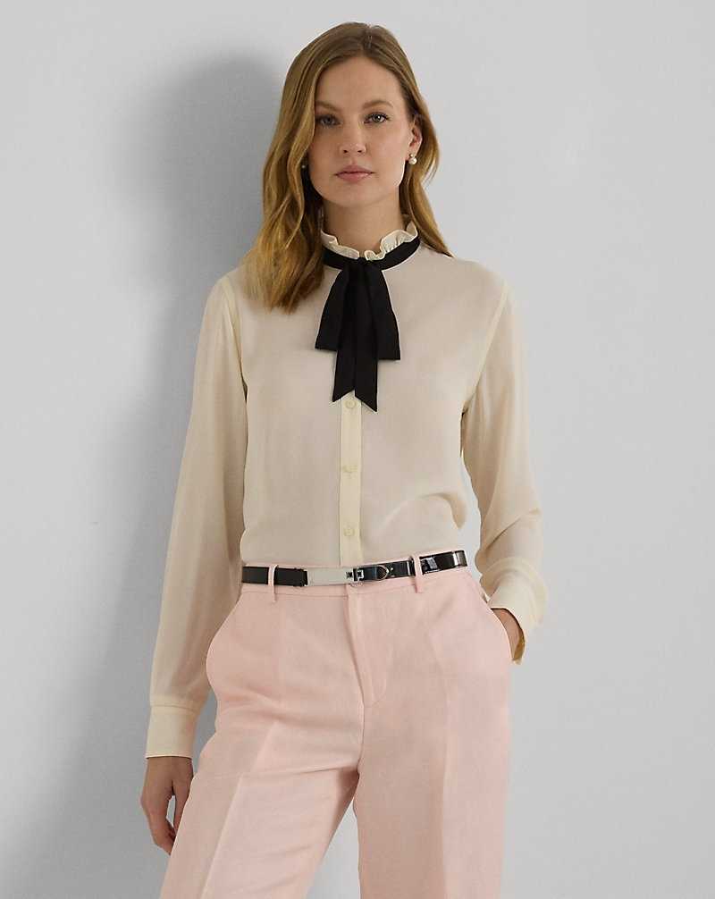 Camisas Ralph Lauren Classic Fit Georgette Tie-Neck Mujer Mascarpone Cream/Black | FOEGKDZ-52 - vista 1
