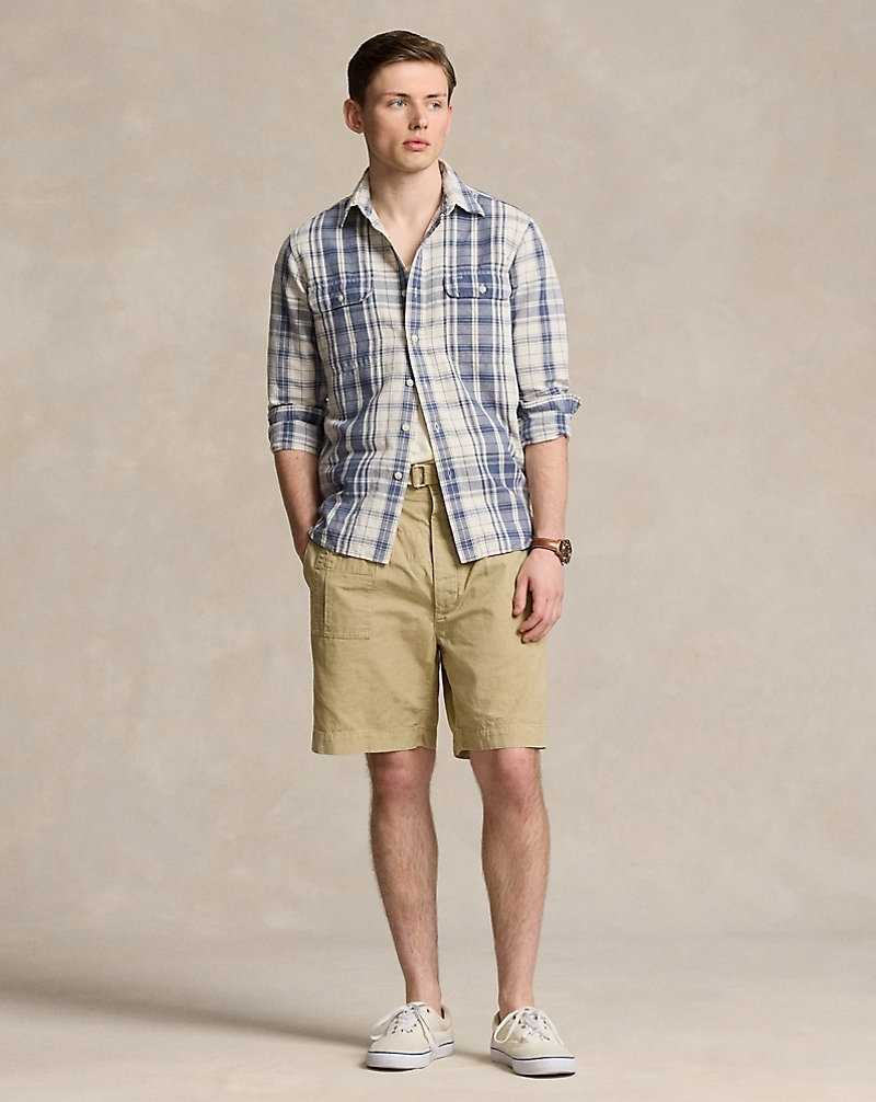 Camisas Ralph Lauren Classic Fit Plaid Linen-Cotton Workshirt Hombre Cream/Indigo | XUINOMR-40 - vista 3