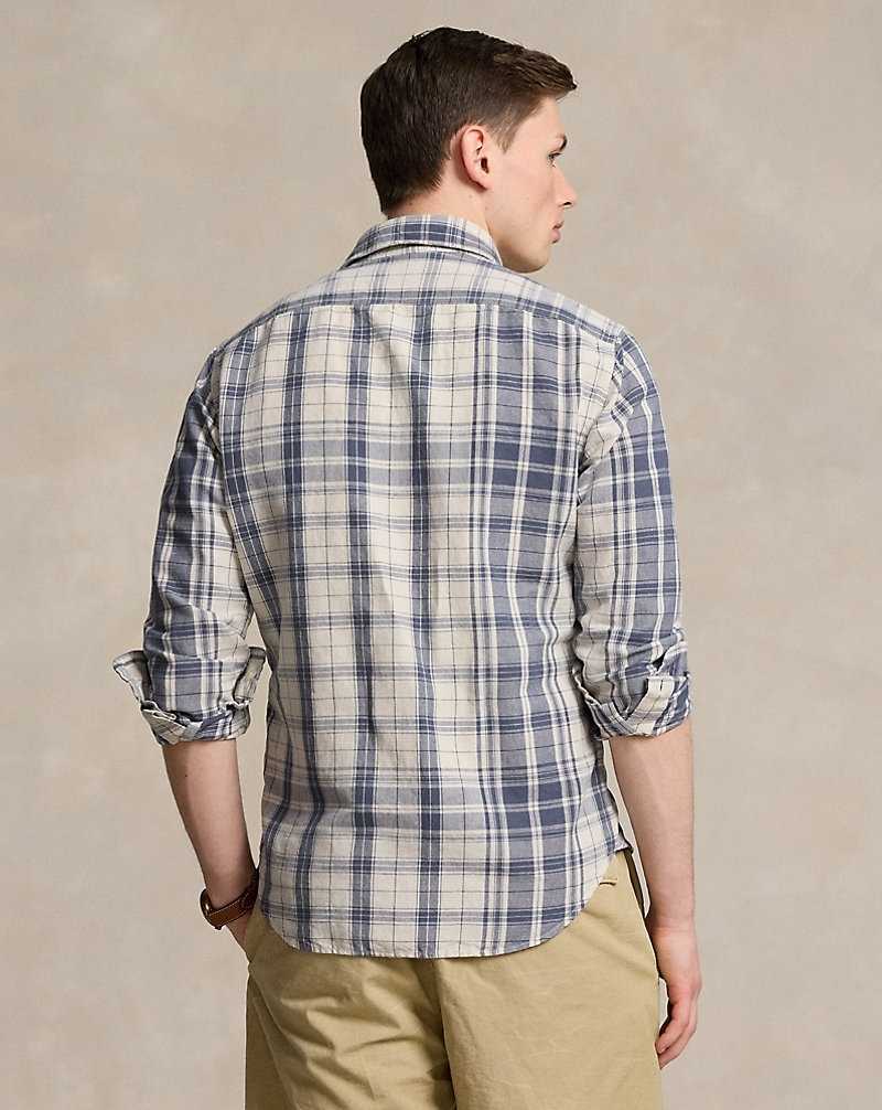 Camisas Ralph Lauren Classic Fit Plaid Linen-Cotton Workshirt Hombre Cream/Indigo | XUINOMR-40 - vista 4