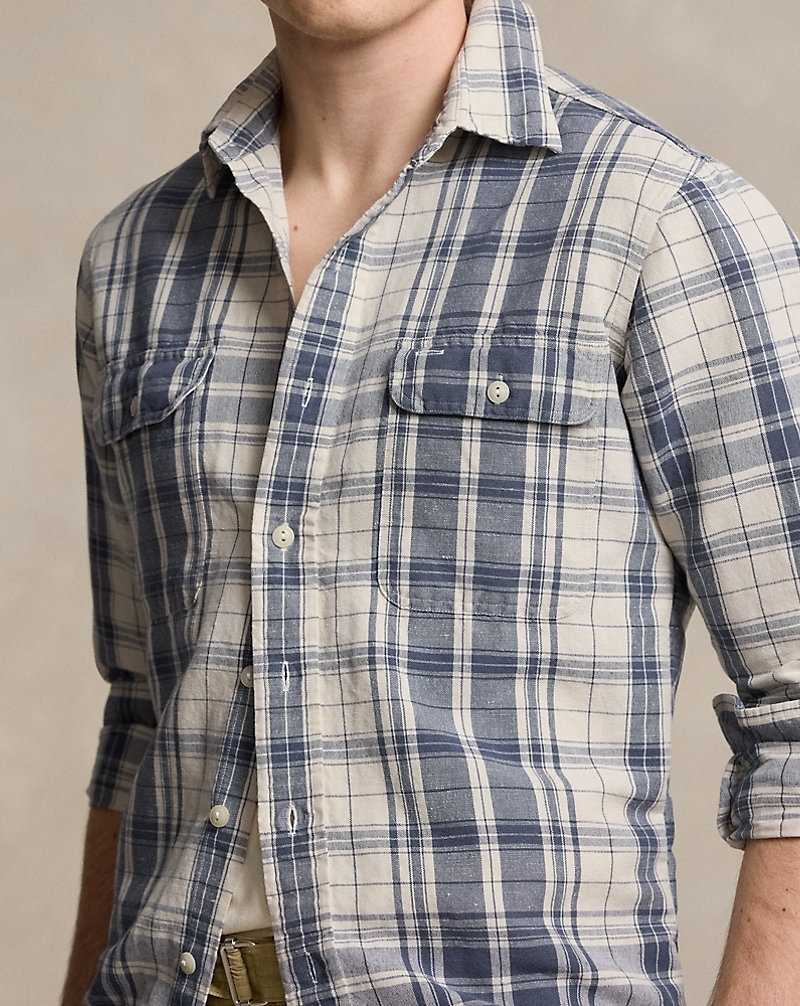 Camisas Ralph Lauren Classic Fit Plaid Linen-Cotton Workshirt Hombre Cream/Indigo | XUINOMR-40 - vista 5