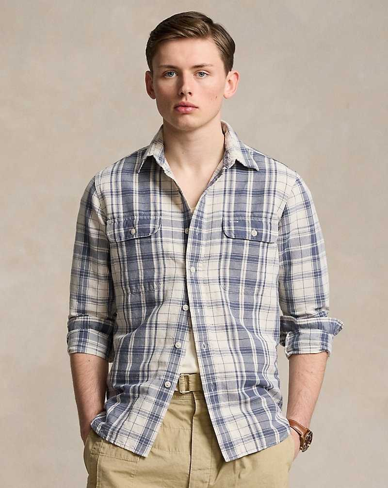Camisas Ralph Lauren Classic Fit Plaid Linen-Cotton Workshirt Hombre Cream/Indigo | XUINOMR-40 - vista 1