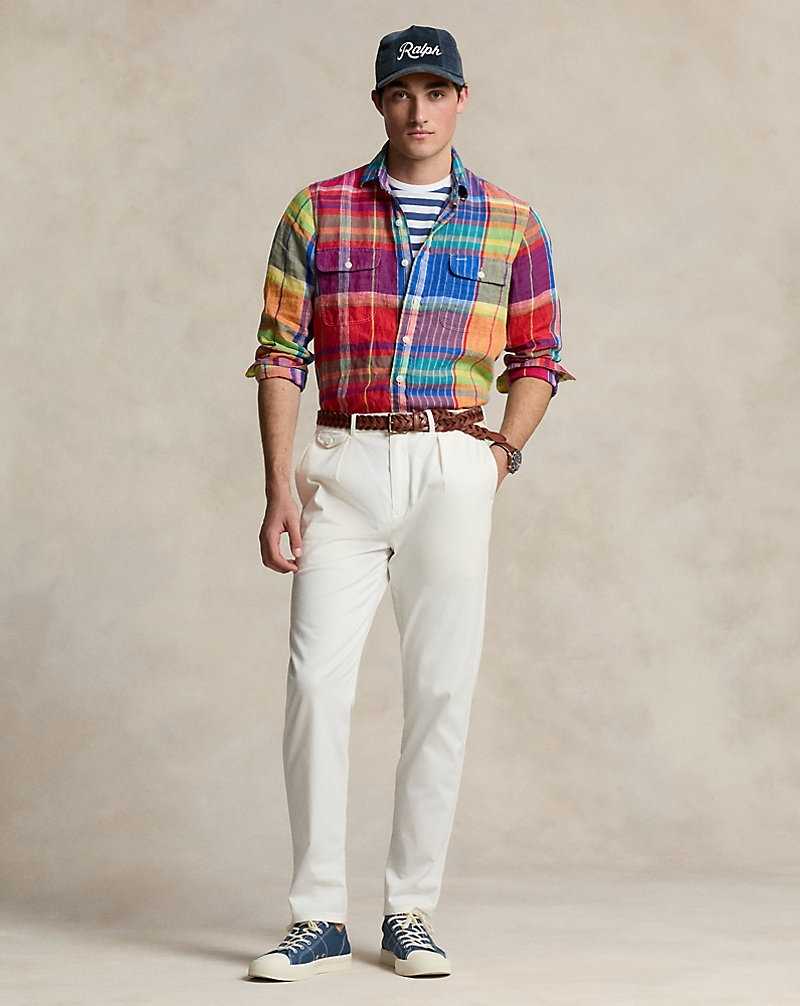 Camisas Ralph Lauren Classic Fit Plaid Linen Workshirt Hombre Red/Yellow Multi | PZXOSTK-83 - vista 3