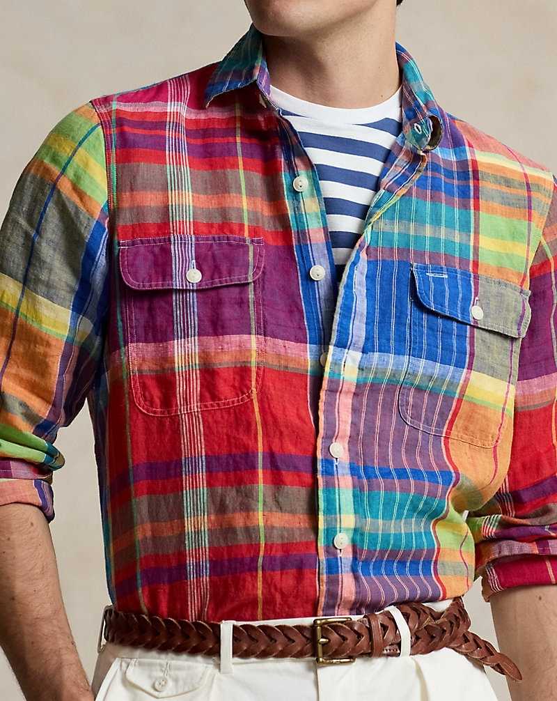 Camisas Ralph Lauren Classic Fit Plaid Linen Workshirt Hombre Red/Yellow Multi | PZXOSTK-83 - vista 5