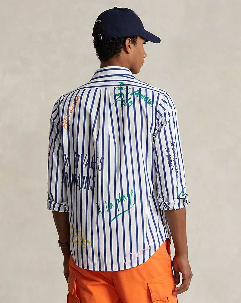Camisas Ralph Lauren Classic Fit Striped Poplin Workshirt Hombre Blue/White W/Script | TXAPVJD-97 - vista 4