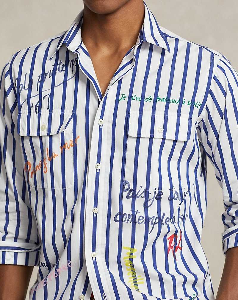 Camisas Ralph Lauren Classic Fit Striped Poplin Workshirt Hombre Blue/White W/Script | TXAPVJD-97 - vista 5
