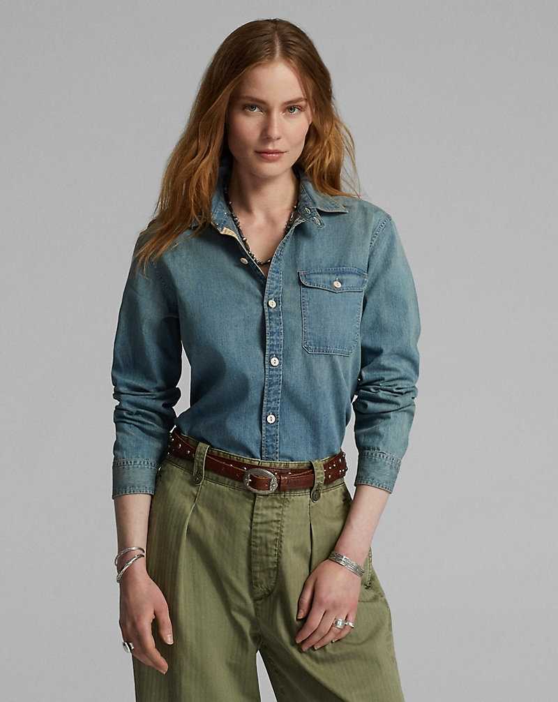 Camisas Ralph Lauren Cotton Denim Workshirt Mujer Azules Oscuro | EAHSMFW-43 - vista 2