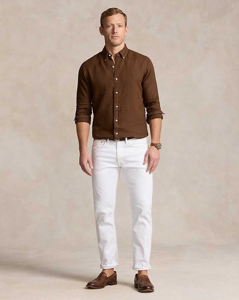 Camisas Ralph Lauren Custom Fit Linen Hombre Chocolate | KTCLIWG-65 - vista 3