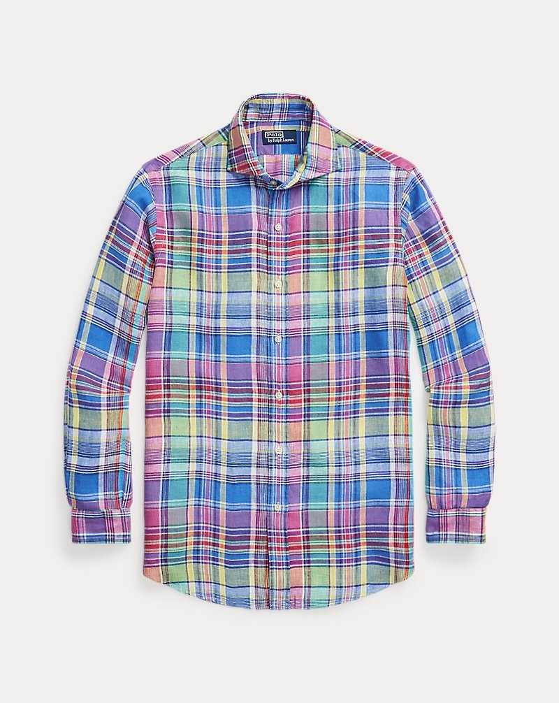 Camisas Ralph Lauren Custom Fit Plaid Linen Hombre 6310 Pink/Blue Multi | SBKAQCO-94 - vista 2