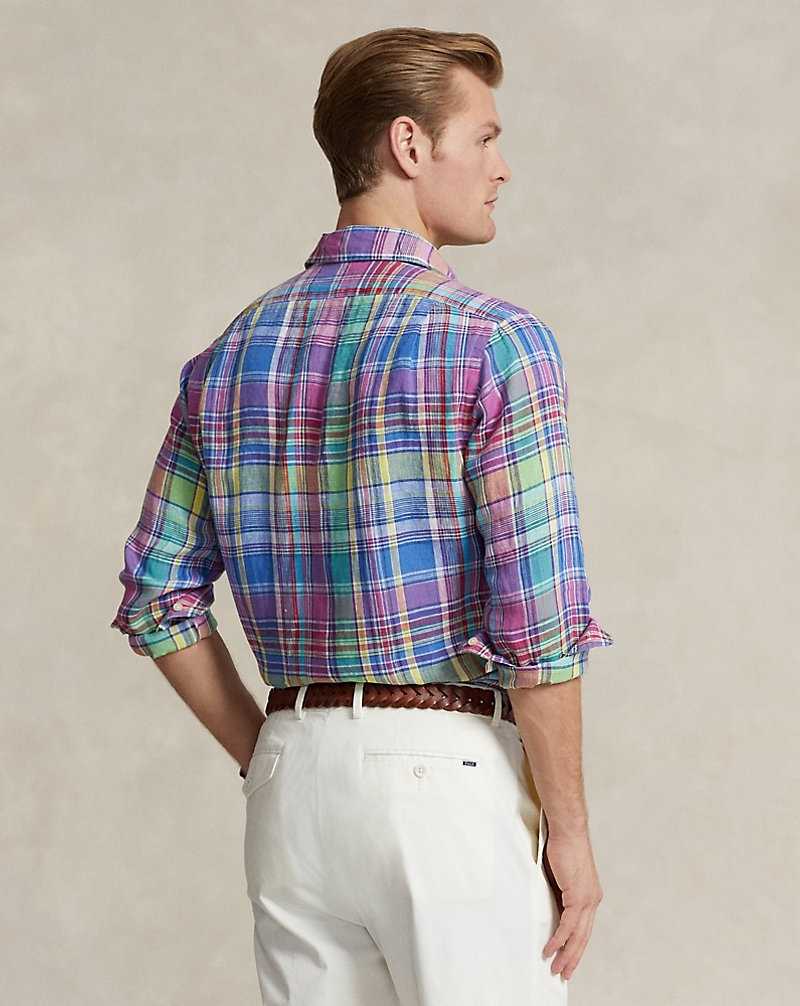 Camisas Ralph Lauren Custom Fit Plaid Linen Hombre 6310 Pink/Blue Multi | SBKAQCO-94 - vista 4