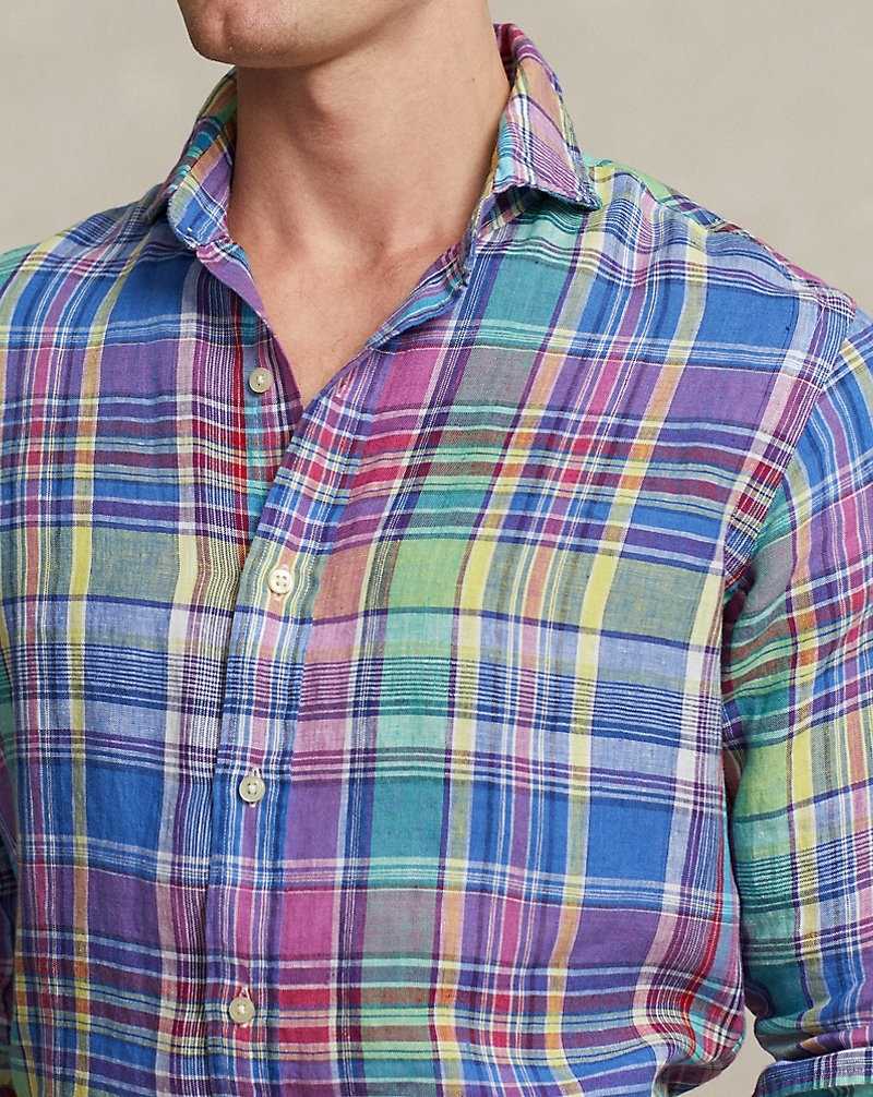 Camisas Ralph Lauren Custom Fit Plaid Linen Hombre 6310 Pink/Blue Multi | SBKAQCO-94 - vista 5