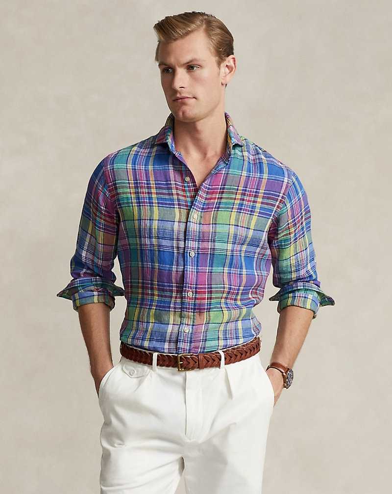 Camisas Ralph Lauren Custom Fit Plaid Linen Hombre 6310 Pink/Blue Multi | SBKAQCO-94 - vista 1